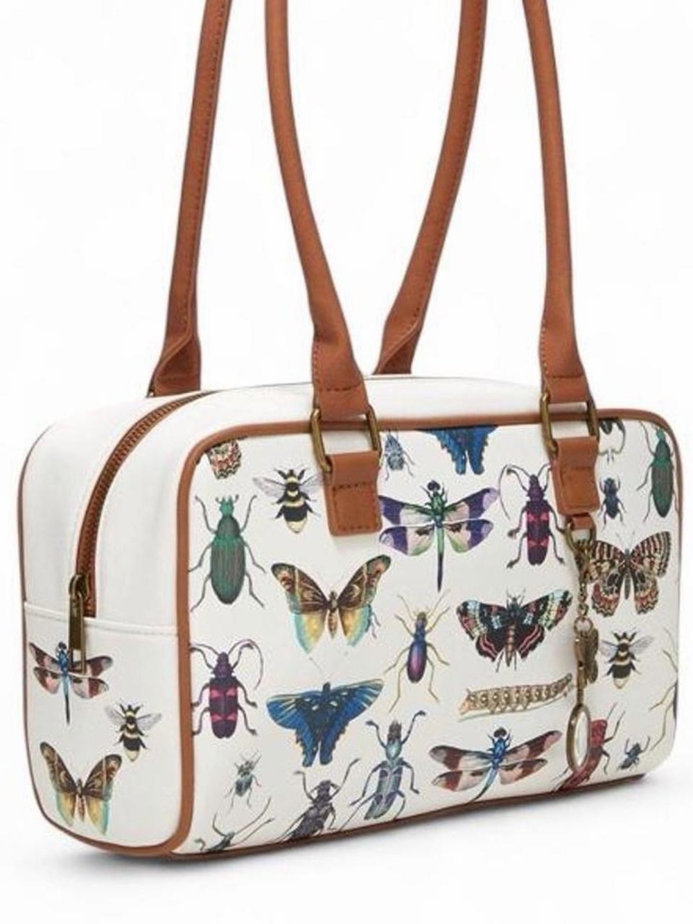 White Botanical Insect-Print Satchel with Tan Straps